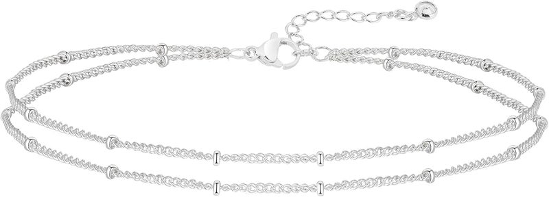 MIDEEO Gold/Silver Ankle Bracelets for Women,14K Gold Anklets for Women Waterproof Cuban Link Heart Beads Herringbone Rhinestone Anklets Set Layered Anklet Bracelets for Women Gold Jewelry Gift - Image 5